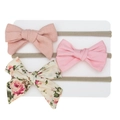 Detailed set of three baby headbands with floral prints and soft bows on white paper - Dusty Rose Pink Floral Style (DP123-3)