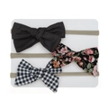 Detailed view of baby bow headbands featuring floral, solid, and checkered patterns on a card - Gray Floral Black White Plaid Style (DP123-7)