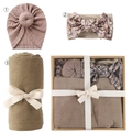 Newborn gift set with floral bow headband, green wrap and beanie in a kraft box - Olive Green Set (DP060-50)
