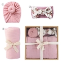 Pink knit baby swaddle set with floral headband, knotted hat, and kraft gift box packaging - Light Pink Set (DP060-51)