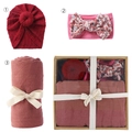 Newborn baby gift set with dark red donut hat, pink floral headband, and rose swaddle blanket - Dried Rose Red Set (DP060-52)