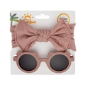 Detail of pink bow nylon headband and bear ear sunglasses on display card for infants - Dusty Pink