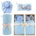 Light blue floral newborn swaddle set with donut hat and headband in a gift box - Light Blue Set (DP060-53)