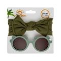Olive green bow headband and bear ear sunglasses set on white display card - Bean Green