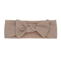 Soft ribbed knit baby headband with a large milk tea brown bow for newborns - Coffee