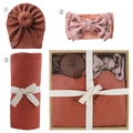 Newborn swaddle set with burgundy baby hat, floral headband and matching wrap in a gift box - Brown Red Set (DP060-54)