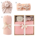 Pink newborn swaddle blanket set with floral headband and knotted baby hat in gift box - Warm Pink Set (DP060-55)