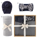 Newborn gift set with dark blue floral headband, beanie and grey swaddle blanket - Deep Blue Set (DP060-57)