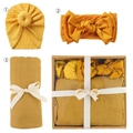 Newborn three-piece gift set in mustard yellow with hat, headband and swaddle blanket - Mustard Yellow Set (DP060-58)