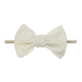 Creamy white baby headband with textured jacquard bow on stretchy nylon band for infants - Off White