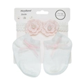 Baby girl white lace headband and socks set with pink flowers and bows for ages 0-12 months - White Lace Pink Flower Style (DP130-2)
