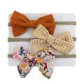 Set of 3 baby headbands with waffle burnt orange, yellow plaid, and floral bows - Burnt Orange Yellow White Plaid Floral Style (DP123-10)