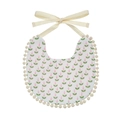 Baby bib with pink tulip print, pom-pom lace trim and adjustable neck ties - Pink Tulip Style (WW57-1)