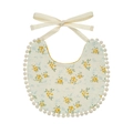 Soft cotton baby bib with yellow floral print and cream pom pom lace trim and tie strap - Yellow Floral Style (WW57-2)
