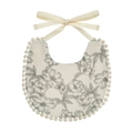 Cream floral baby bib with pom-pom trim and adjustable tie strap for newborns - Black Line Floral Style (WW57-6)