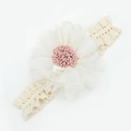Fascia neonata in pizzo crema con fiore in rete bianca e dettaglio rosa - Beige Bianco (KK183-3)