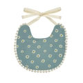 Gray-blue baby bib with white daisy print and cream pom-pom trim for newborns - Blue Background Daisy Style (WW57-9)