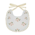 Soft muslin cotton baby bib with pink floral print and delicate pom pom trim lace - White Pink Floral Style (WW57-7)