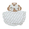 Pink tulip floral cotton baby headband and ruffled bib set on kraft display card - Pink Tulip Floral (DP139-1)