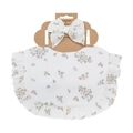 Floral cotton baby bib and headband set with ruffles and a pink flower pattern - White Pink Base Floral (DP139-3)