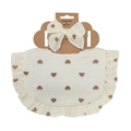 Cream muslin cotton baby bib and headband set with brown heart print and ruffle edges - Cream Brown Hearts (DP139-10)