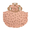 Pink floral cotton baby bib and bow headband set on kraft card display - Coral Pink Small Floral (DP139-13)