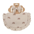 Beige cotton gauze baby bib and headband set with brown rainbow patterns on display card - Beige Rainbow Pattern (DP139-15)