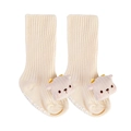 Creamy white ribbed baby socks with 3D teddy bear cartoon detail and anti-slip grip - Beige