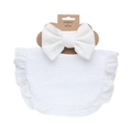 White cotton baby bib and headband set with ruffle details and a large ribbed bow - White (DP155-2)