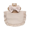 Infant ribbed headband and ruffled cotton bib set in apricot with bow detail - Beige (DP155-3)