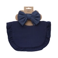 Navy blue cotton baby bib with ruffles and matching ribbed bow headband set - Navy Blue (DP155-11)