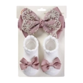 Ensemble bandeau avec nœud en dentelle rose et chaussettes blanches pour bébés - Rose Lotus (DP151-16)