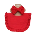Infant cotton bib and headband set in bright red with ruffle edges and large bow - Red (DP155-20)