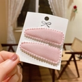 Set of two pink fabric-covered BB hair clips with lace trim on a white card display - Pp174-47