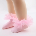 Calcetines rosas de algodón para bebé con elegantes volantes de encaje y malla transpirable - Rosa (UU03-14)
