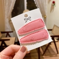 Set of two pink fabric hair clips with floral embroidery and lace edges for girls - Pink Tiny Flower Embroidery (PP174-52)