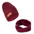 Winter knitted baby hat and scarf set in deep burgundy with a handmade leather patch - Wine Red (DP143-21)