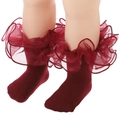 Calzini neonato a coste rosso scuro con ampi bordi in pizzo tulle per occasioni - Borgogna (UU04-21)