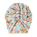 Light blue floral cotton baby turban hat with three stacked bows for infants - Light Blue Pink Floral (SS86-4)