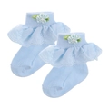 Light blue infant cotton socks with lace trim and delicate floral accents with pearls - Blue (UU05-26)