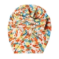 Vibrant floral baby turban hat with double bow detail in orange and yellow cotton fabric - Bright Orange Yellow Floral (SS86-6)