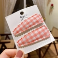 Set of two pink gingham fabric hair clips with white lace trim for children - Pink White Gingham (PP174-65)