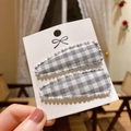 Two-piece grey gingham fabric BB hair clips set for toddlers on a display card - Gray White Gingham (PP174-66)