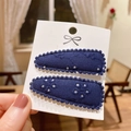 Dark blue scalloped fabric hair clips with floral embroidery for girls, two-piece set - Dark Blue Embroidery (PP174-70)