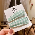 Green and white checkered fabric BB hair clips with lace trim for babies and girls - Green White Gingham (PP174-72)