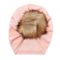Pink velvet baby beanie with large faux fur pompom for autumn and winter warmth - Pink (SS70-5)
