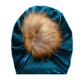 Peacock blue velvet baby turban hat with fluffy brown faux fur pom-pom detail - Peacock Blue (SS70-6)