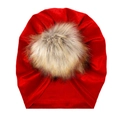 Red velvet baby beanie with large grey faux fur pompom for winter warmth - Bright Red (SS70-7)