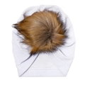 White baby turban hat with sparkling metallic finish and a large brown faux fur pom-pom - Bright White (SS70-20)