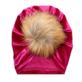 Baby Samt Turban Mütze in Rosarot mit großem Kunstfellbommel für den Winter - Rosenrot (SS70-25)